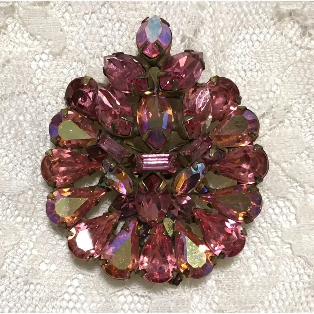 Vintage Pink Rhinestone Brooch Aurora Borealis Stones
